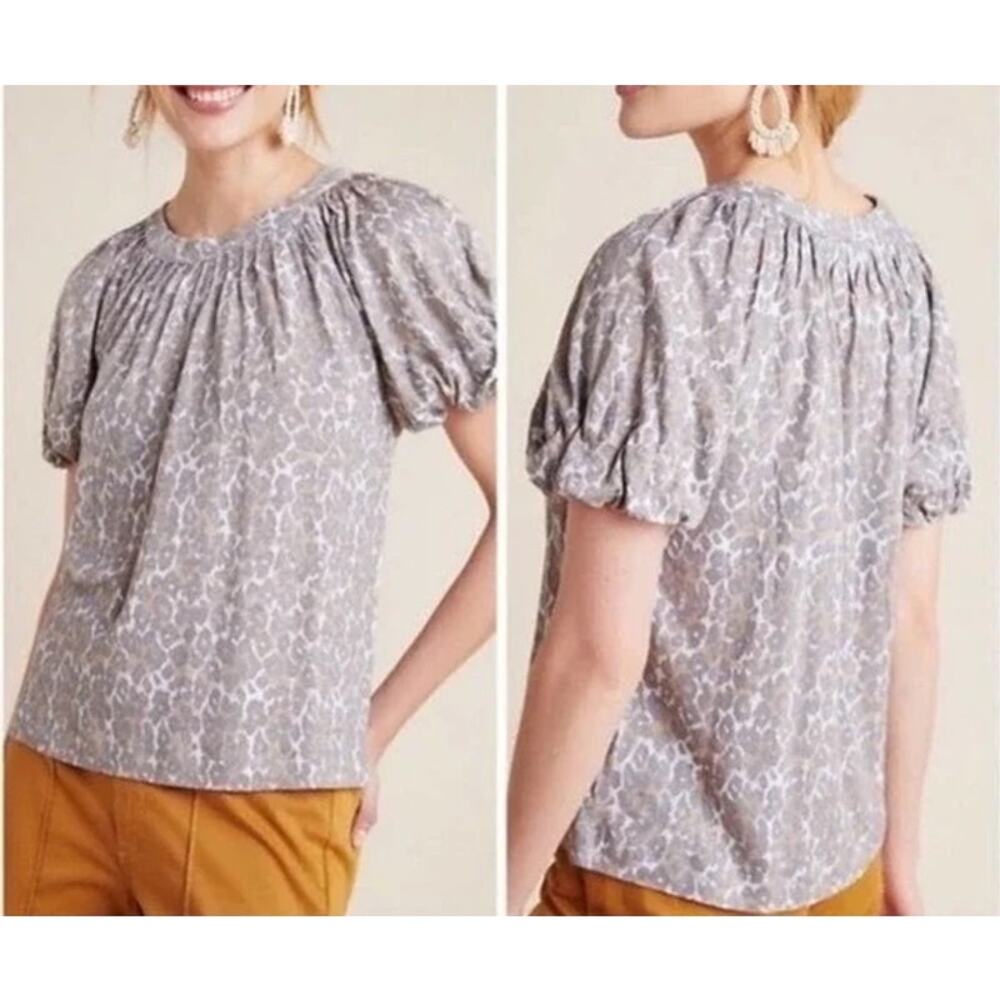 A6 Auth MAEVE BY ANTHROPOLOGIE Grey/Tan Leopard Printed Linen Pleated Top Sz XS